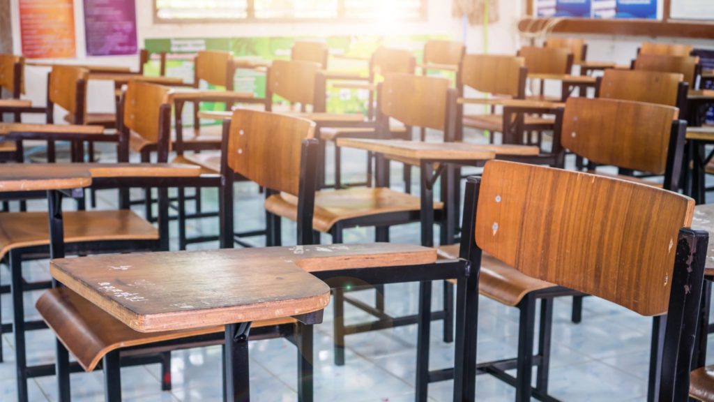 Chairs and desks in a school classroom