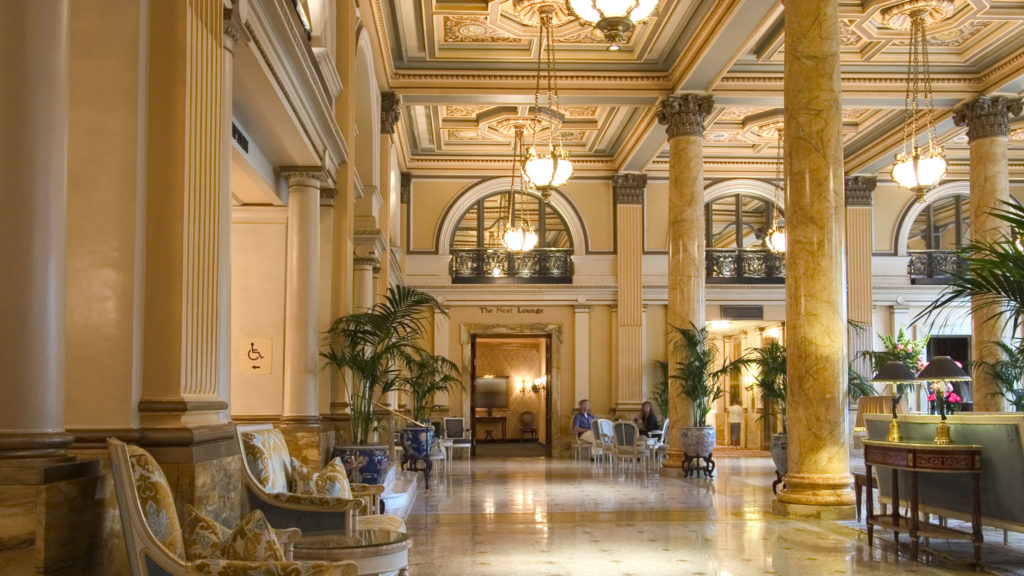 Hotel Lobby Interior with marble floors and historic architecture